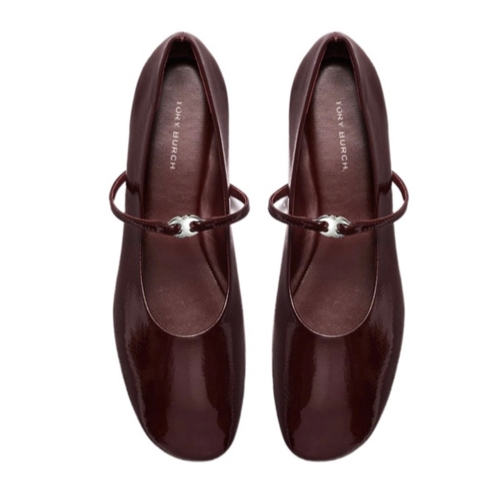 Authentic TORY BURCH Mary Jane Burgundy Patent Leather Flats Size 7.5  M